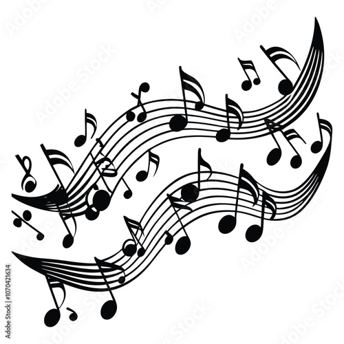 wave of musical notes black note on white background