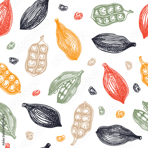 Cardamom seamless pattern. Kitchen spice sketches. Indian herbs and spices background. Hand-drawn vector illustration. NOT AI generated