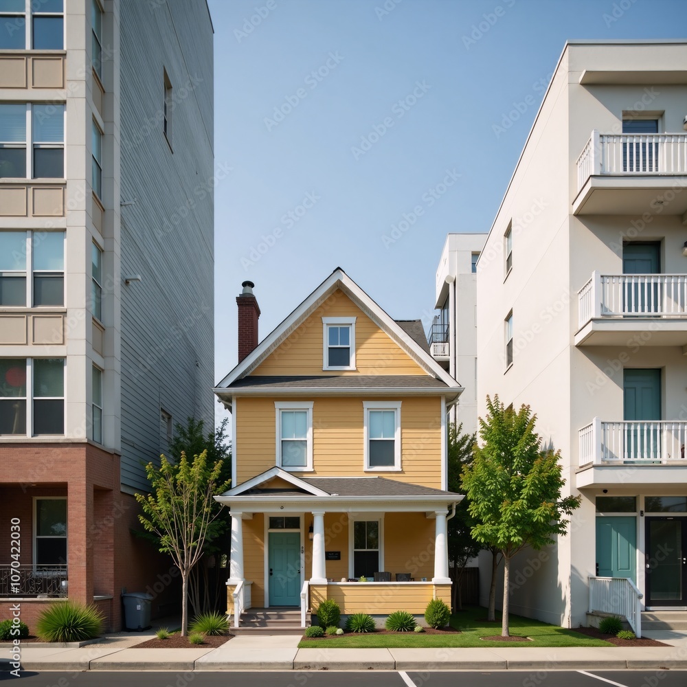 Modern-style cartoon image showcases a minimalistic urban setting with a small townhouse and surrounding city buildings Modern-style cartoon image showcases a minimalistic urban setting with a small townhouse and surrounding city buildings