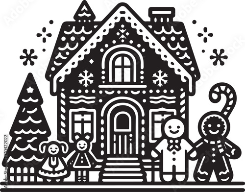 Happy Gingerbread Man and Charming Gingerbread House. A whimsical black and white illustration of a smiling gingerbread man standing beside a decorated gingerbread house with snow on the roof.