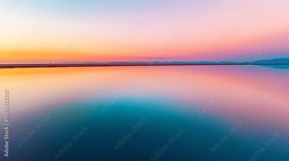 Obraz premium Wide-angle view of a rice plant field at dusk with warm golden tones on the horizon and water reflecting the soft pink sky