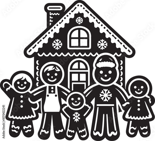 Happy Gingerbread Man and Charming Gingerbread House. A whimsical black and white illustration of a smiling gingerbread man standing beside a decorated gingerbread house with snow on the roof.