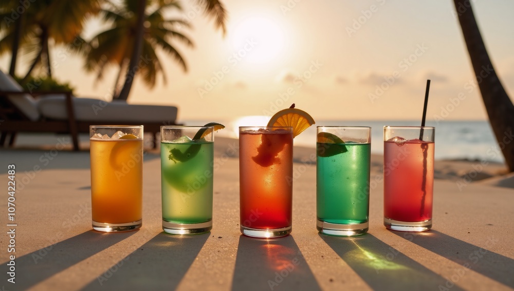 Tropical beach sunset with artisanal cocktails on a sandy shore featuring palm silhouettes vibrant sky reflections and embodying the luxurious atmosphere of a carefree summer celebration Tropical beach sunset with artisanal cocktails on a sandy shore featuring palm silhouettes vibrant sky reflections and embodying the luxurious atmosphere of a carefree summer celebration
