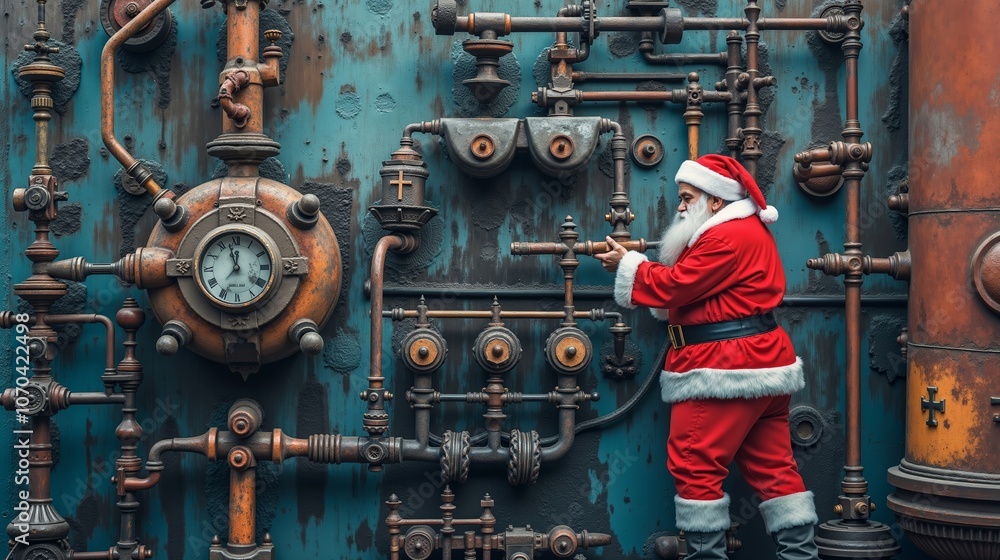 A man dressed as Santa Claus standing in front of a clock A man dressed as Santa Claus standing in front of a clock