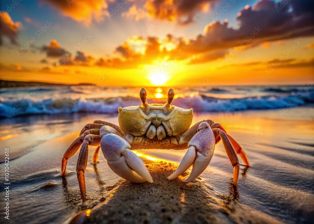 Ghost crab, candid beach, wildlife portrait, AI art. Ghost crab, candid beach, wildlife portrait, AI art.