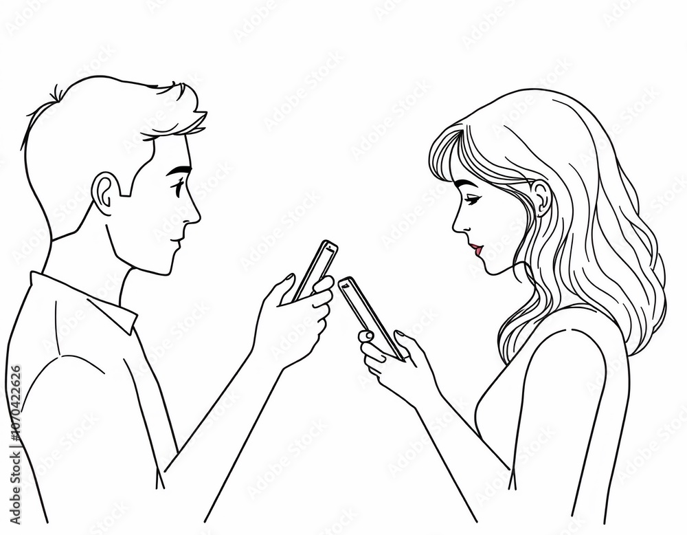 Two people interacting with their smartphones, focused on screens. Two people interacting with their smartphones, focused on screens.