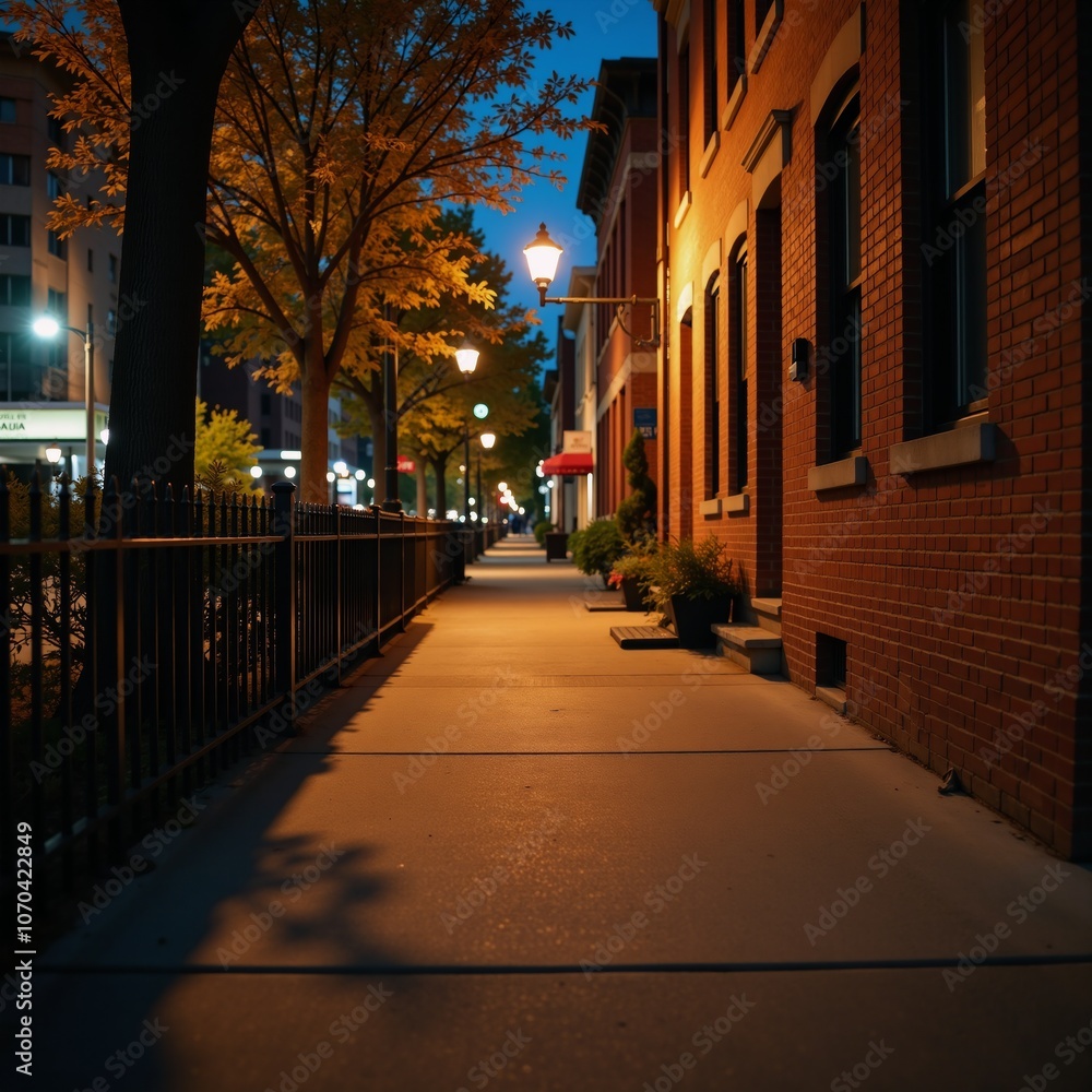 Obraz premium A captivating evening stroll through a charming neighborhood street at night