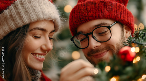 Joyful couple decorates Christmas tree, wearing red hats and smiling warmly