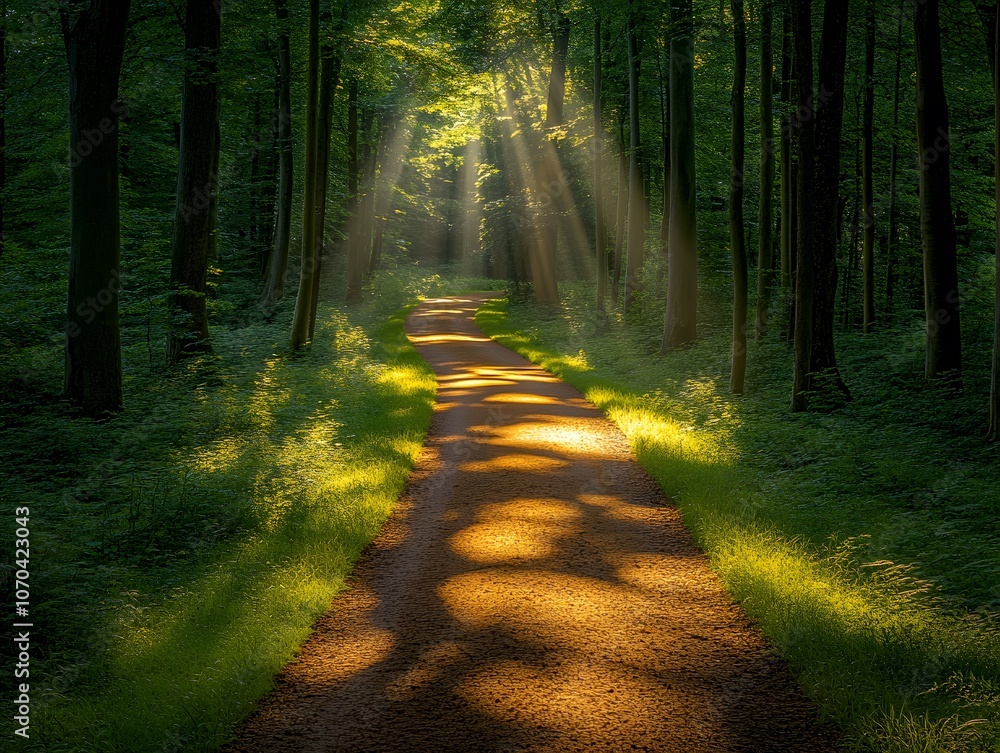 A serene forest path illuminated by sunlight, inviting exploration and tranquility. A serene forest path illuminated by sunlight, inviting exploration and tranquility.