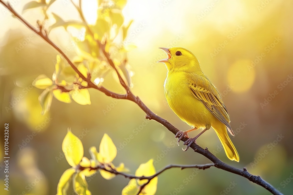 A vibrant yellow bird sings joyfully on a branch amidst glowing spring leaves during golden hour in nature. Generative AI A vibrant yellow bird sings joyfully on a branch amidst glowing spring leaves during golden hour in nature. Generative AI