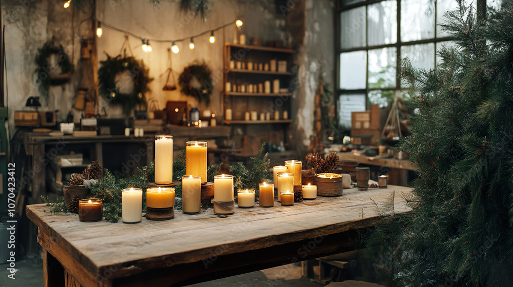 Fototapeta premium Cozy workshop with lit candles on wooden table, surrounded by rustic decor and greenery,