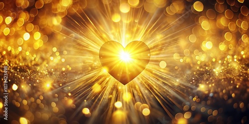 Golden sunburst bokeh hearts, romantic abstract AI art, soft focus.