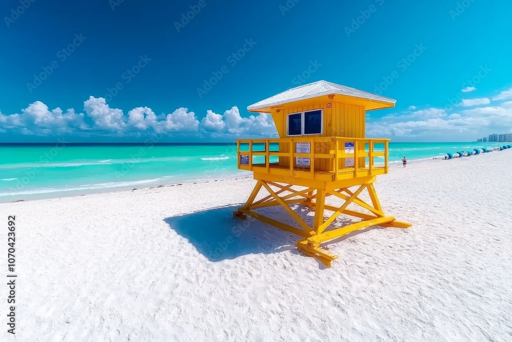 A lifeguard tower on a sunny beach with the ocean in the background, creating a classic beach atmosphere A lifeguard tower on a sunny beach with the ocean in the background, creating a classic beach atmosphere