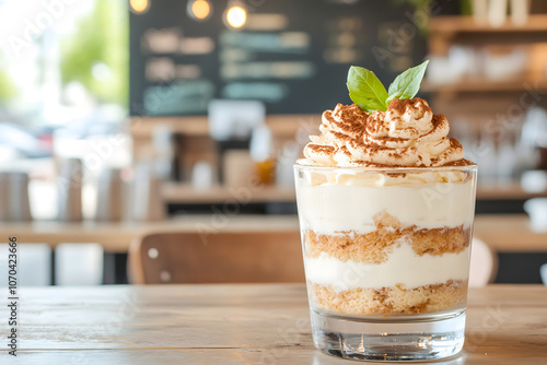 Tiramisu in a glass with a blurred cafe background.