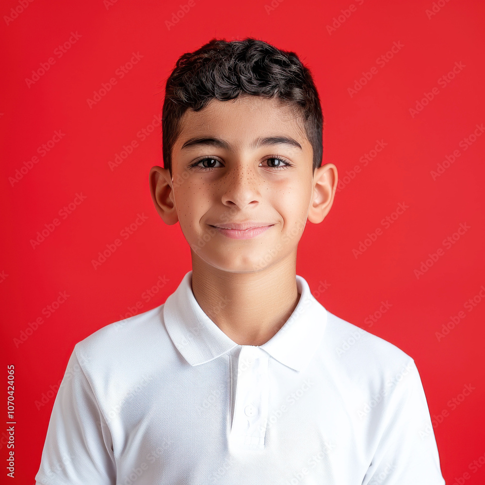 Middle Eastern teen in a white polo shirt on red background Middle Eastern teen in a white polo shirt on red background