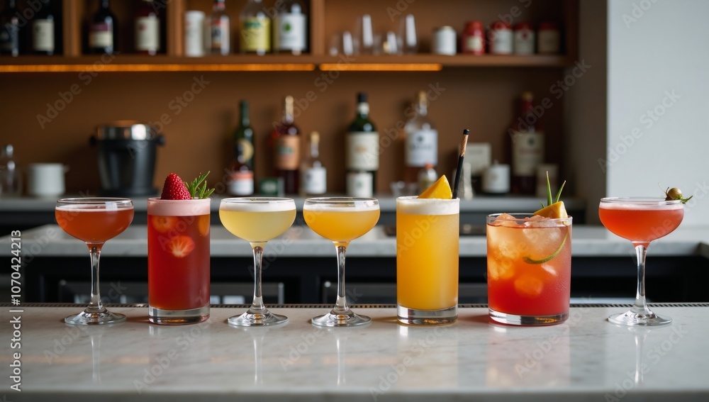 Counter bar displays an array of cocktails in a restaurant setting Counter bar displays an array of cocktails in a restaurant setting