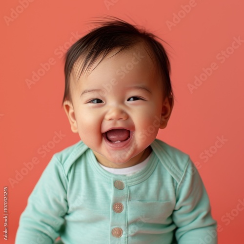 Adorable Indigenous American baby boy laughing on a red background