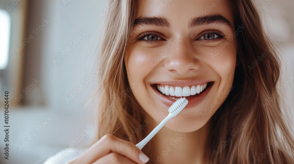 Woman Brushing Teeth with Pink Toothbrush Woman Brushing Teeth with Pink Toothbrush