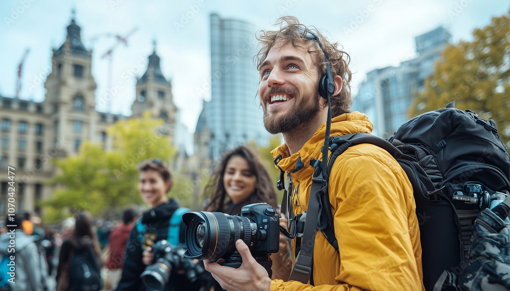 group of tourists with cameras eagerly commuting through bustling city, capturing vibrant urban landscape with excitement and joy group of tourists with cameras eagerly commuting through bustling city, capturing vibrant urban landscape with excitement and joy