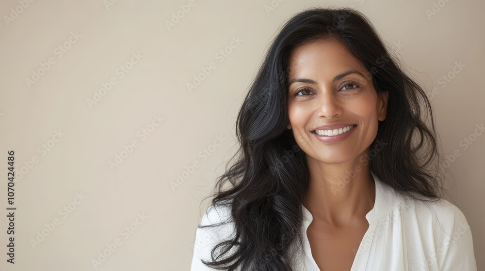 Portrait of a smiling woman in her 40s with long wavy black hair against a neutral background Portrait of a smiling woman in her 40s with long wavy black hair against a neutral background