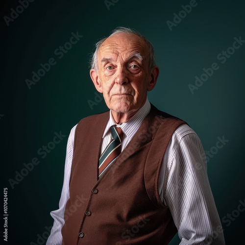 Portrait of a determined senior man in his late 60s wearing a brown vest and striped tie against a dark background