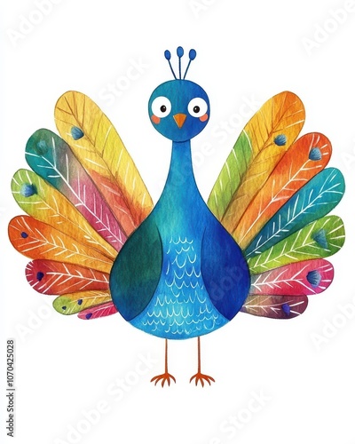 Colorful and happy peacock in watercolor style, perfect for nursery decor and children's art with a cute and playful design. photo