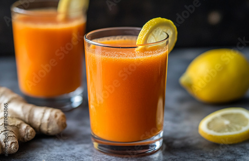 A glass of freshly made carrot juice with a lemon wedge garnish. A whole lemon and ginger root sit next to the drink, hinting at the ingredients