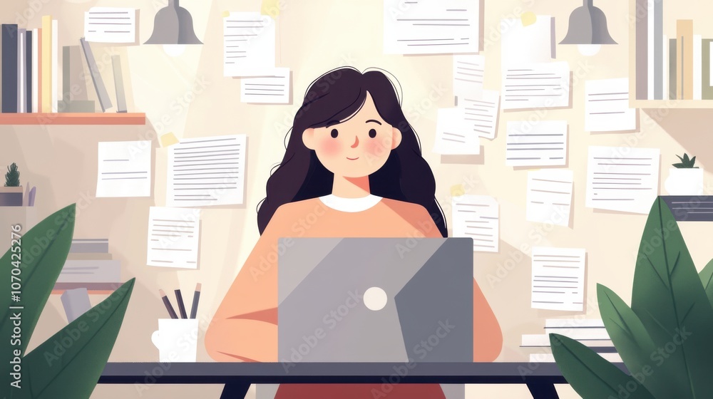 A focused woman works on a laptop in a cozy workspace filled with plants and surrounded by papers and books. A focused woman works on a laptop in a cozy workspace filled with plants and surrounded by papers and books.