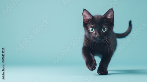Full body shot. A black cat hopping forward with a curious expression, ears perked up, on a light blue background, 4k resolution, no background, no shadow