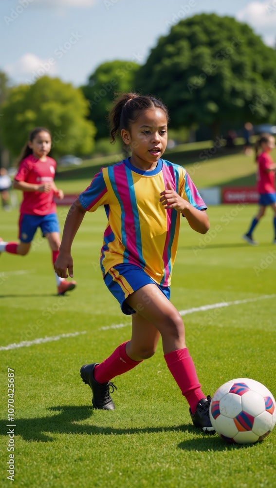 A joyful African-American girl excelling at outdoor soccer play A joyful African-American girl excelling at outdoor soccer play