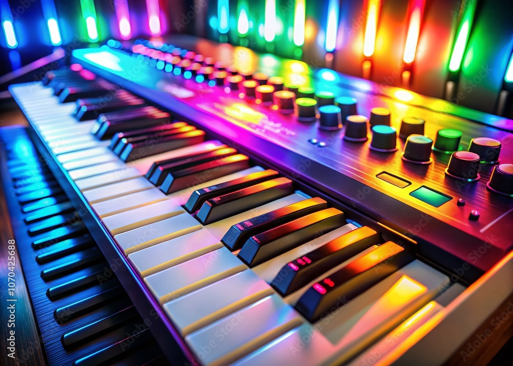 Illuminated Keyboard, Music Creation, Vibrant Soundscapes, Studio Ambiance Illuminated Keyboard, Music Creation, Vibrant Soundscapes, Studio Ambiance