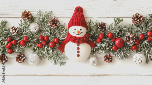 Adorable snowman decoration surrounded by seasonal flora brings a festive and cheerful vibe, perfect for enhancing holiday gatherings and creating a warm atmosphere.