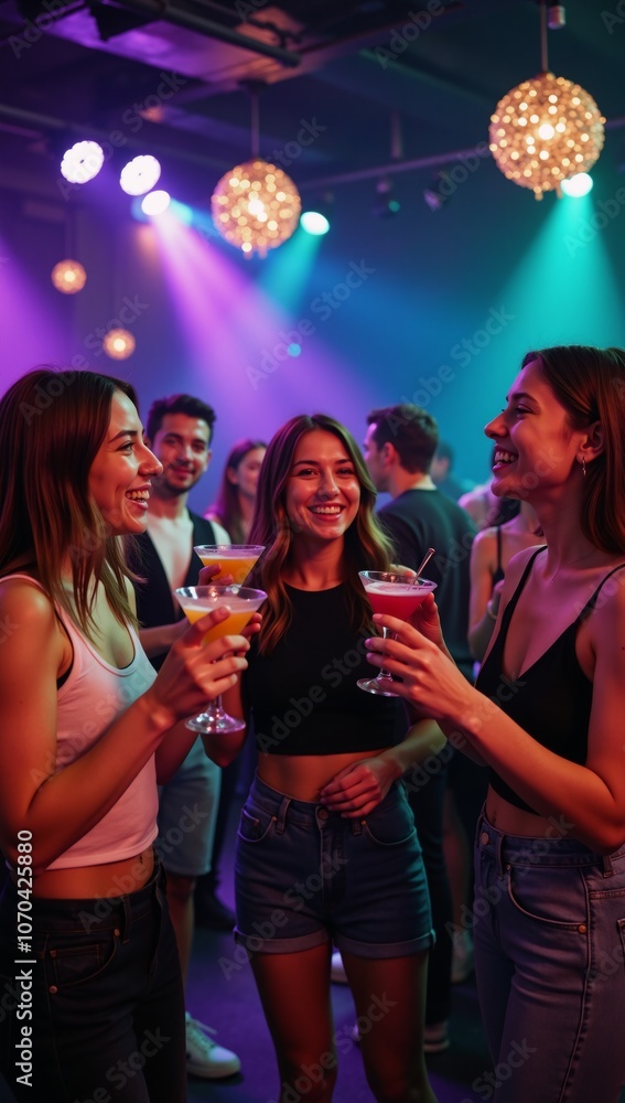 Reveling in festive cheer Friends partying and drinking amidst lively celebration at a trendy NYE nightclub Reveling in festive cheer Friends partying and drinking amidst lively celebration at a trendy NYE nightclub