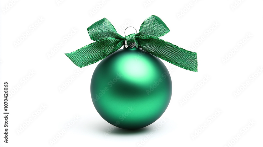 Green christmas ornament with a green ribbon bow on a white background. Green christmas ornament with a green ribbon bow on a white background.
