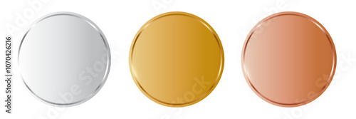 Gold, silver, bronze circle medals. Metal coins. First, second, third place award frames isolated on transparent background. Winners trophy. Blank shiny badge, label. Realistic vector illustration.