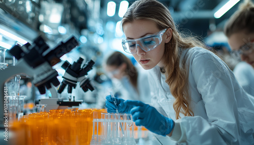 focused scientist in laboratory conducts experiments with test tubes and microscopes, wearing protective gear photo