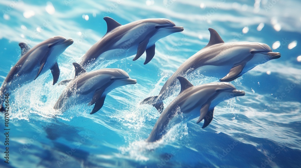 A group of dolphins gracefully leaping out of the water in a vibrant ocean scene. A group of dolphins gracefully leaping out of the water in a vibrant ocean scene.