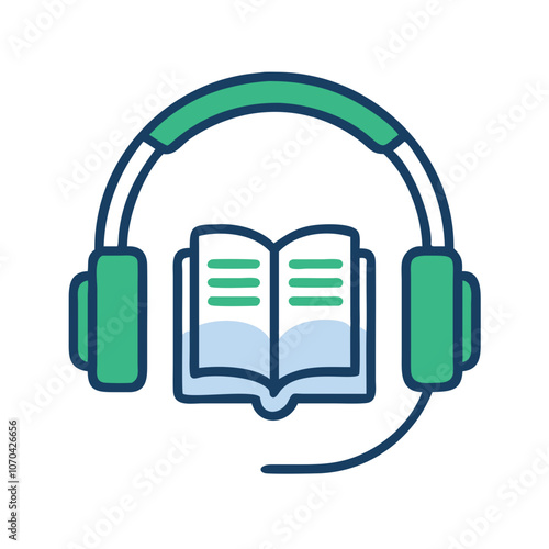 Green and blue audiobook icon with open book and headset

