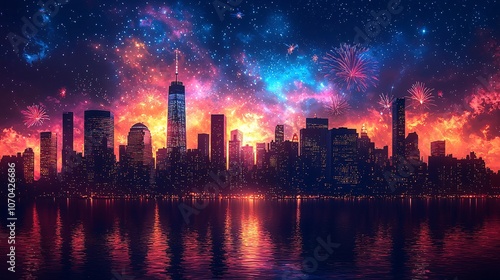 Vibrant Urban Celebrations: Happy New Year 2025 City Skyline Fireworks Display