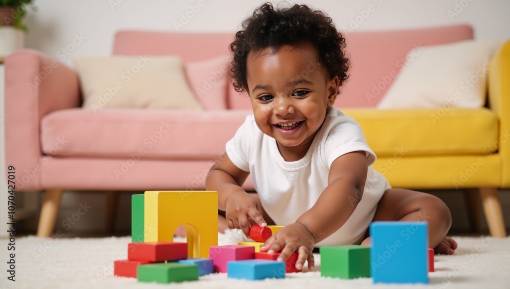 Playful lifestyle shot featuring an African American toddler surrounded by vibrant wooden blocks expressing happiness and imagination within a warm inviting setting Playful lifestyle shot featuring an African American toddler surrounded by vibrant wooden blocks expressing happiness and imagination within a warm inviting setting