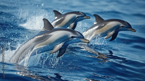 Three dolphins leaping out of the ocean, showcasing their agility and playfulness.