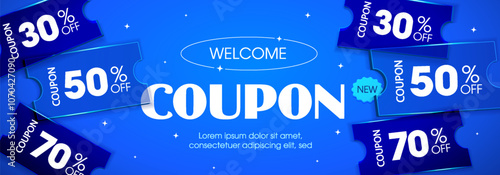 Flying coupon banner template with coupon code, percentage off, isolated on blue background. Unlimited gift voucher giveaway for special promotions. Vector illustration. Vector illustration