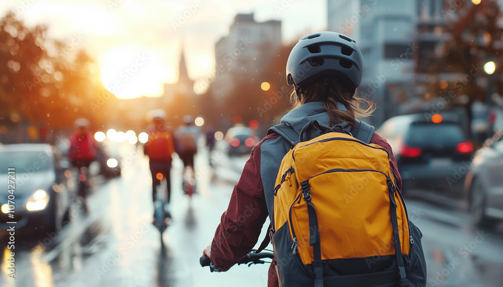 Fototapeta premium student rides scooter with backpack in bustling city street during sunset, surrounded by traffic and cyclists. scene captures vibrant energy of urban life