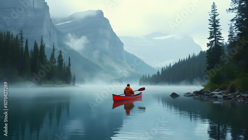 Tranquil Mountain Lake Adventure with Red Canoe and Misty Reflections