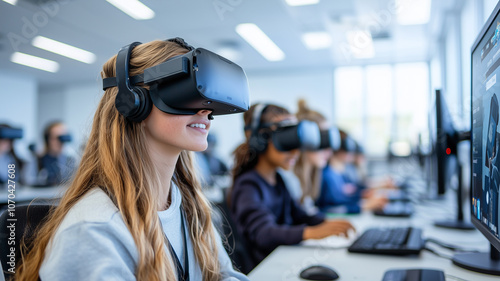 Students engaged in virtual reality classroom experience, wearing VR headsets and using computers for interactive learning. modern classroom setting enhances educational engagement