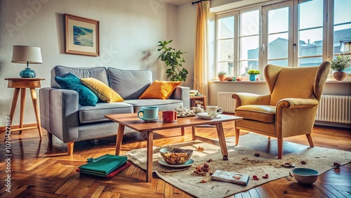 Messy Living Room Interior, Minimalist Photography, Overturned Coffee Table