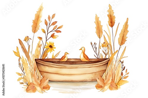 Watercolor Autumn Leaves and Ducks in a Boat.