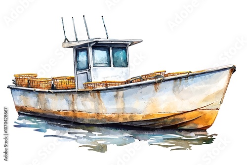 Watercolor Painting of a Fishing Boat with Lobster Traps.