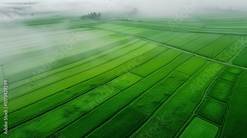 Morning mist enveloping vibrant green rice paddies, ethereal and serene