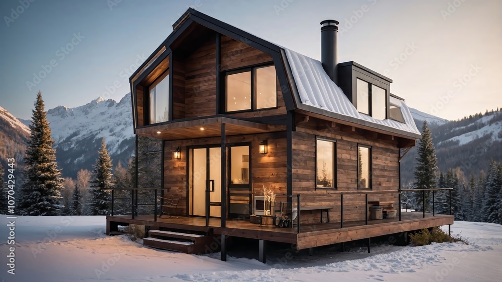 tiny house in the snowy mountains. Generative AI. tiny house in the snowy mountains. Generative AI.